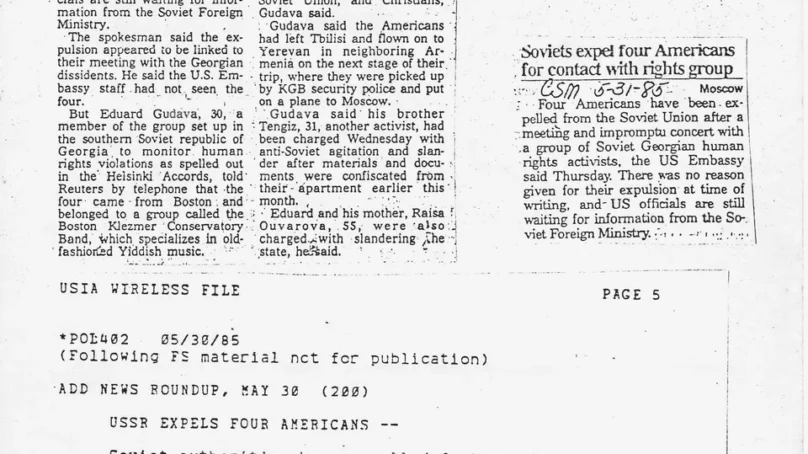 During a tour of Russia, American musicians were tailed by Soviet agents and repeatedly questioned
